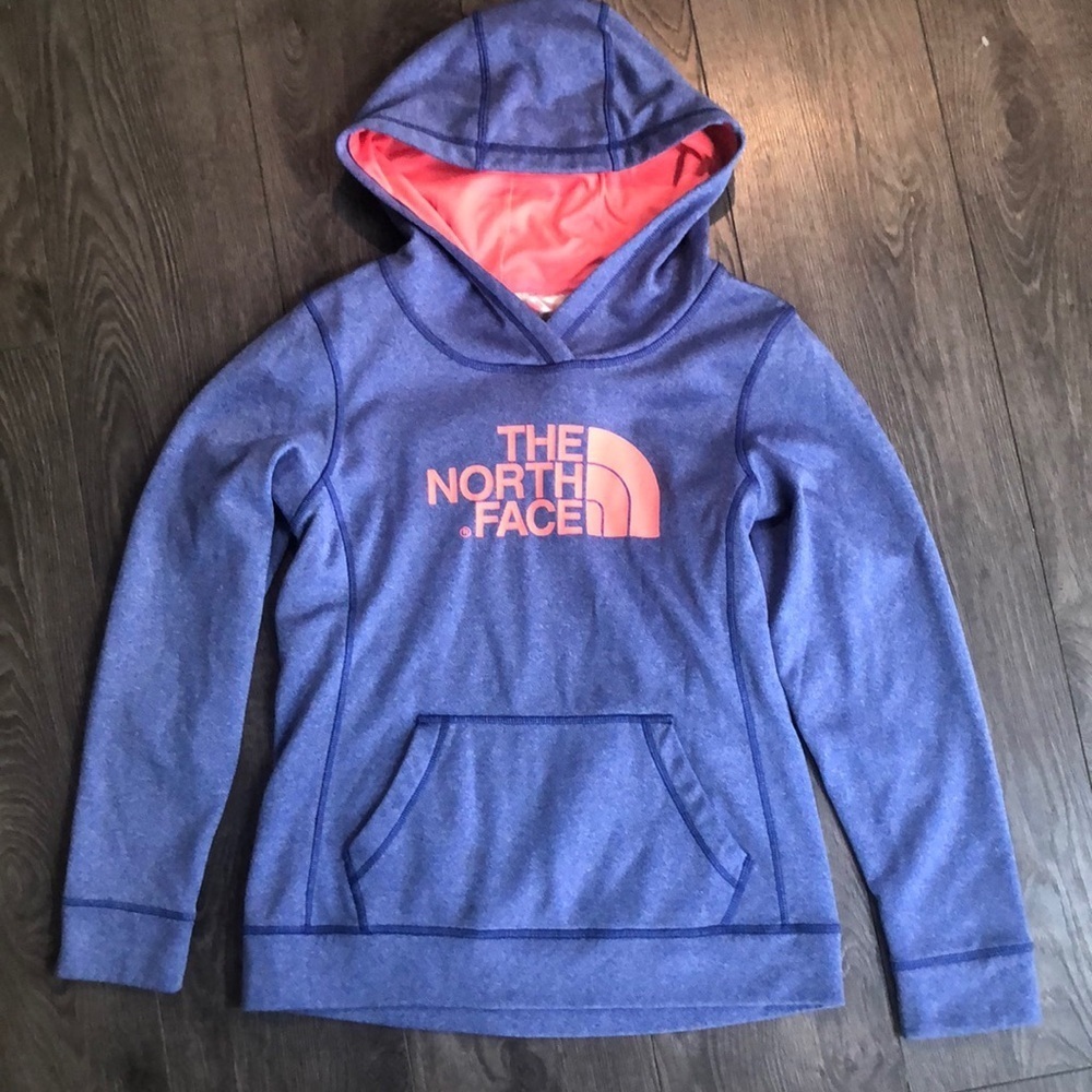 The North Face Blue Pullover Hoodie with Pink Logo and Lined Hood